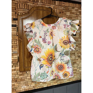 Elie TAHARI Floral Top Back Tie Neck Ruffle Sleeve Cotton Blend Sunflower Size S
